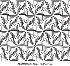 Black-and-white tones. Geometric patterns laid out on a hexagonal pattern of creating seamless vector illustrations. For the textile industry, interior design, graphic arts