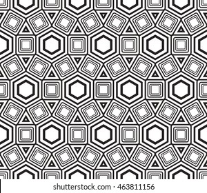 Black-and-white tones. Geometric patterns laid out on a hexagonal pattern of creating seamless vector illustrations. For the textile industry, interior design, graphic arts