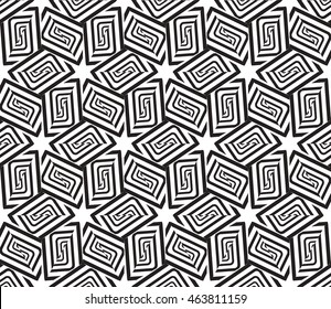 Black-and-white tones. Geometric patterns laid out on a hexagonal pattern of creating seamless vector illustrations. For the textile industry, interior design, graphic arts