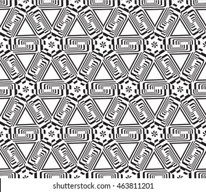 Black-and-white tones. Geometric patterns laid out on a hexagonal pattern of creating seamless vector illustrations. For the textile industry, interior design, graphic arts