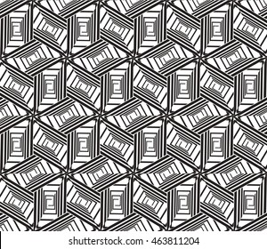 Black-and-white tones. Geometric patterns laid out on a hexagonal pattern of creating seamless vector illustrations. For the textile industry, interior design, graphic arts
