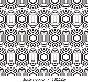 Black-and-white tones. Geometric patterns laid out on a hexagonal pattern of creating seamless vector illustrations. For the textile industry, interior design, graphic arts