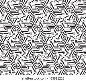 Black-and-white tones. Geometric patterns laid out on a hexagonal pattern of creating seamless vector illustrations. For the textile industry, interior design, graphic arts