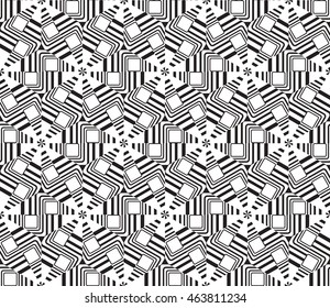 Black-and-white tones. Geometric patterns laid out on a hexagonal pattern of creating seamless vector illustrations. For the textile industry, interior design, graphic arts