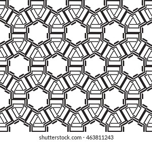 Black-and-white tones. Geometric patterns laid out on a hexagonal pattern of creating seamless vector illustrations. For the textile industry, interior design, graphic arts