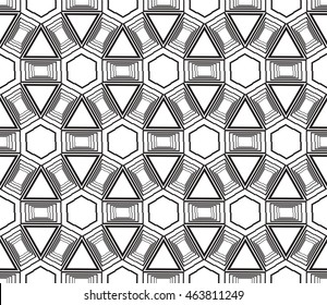 Black-and-white tones. Geometric patterns laid out on a hexagonal pattern of creating seamless vector illustrations. For the textile industry, interior design, graphic arts