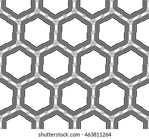 Black-and-white tones. Geometric patterns laid out on a hexagonal pattern of creating seamless vector illustrations. For the textile industry, interior design, graphic arts