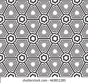 Black-and-white tones. Geometric patterns laid out on a hexagonal pattern of creating seamless vector illustrations. For the textile industry, interior design, graphic arts
