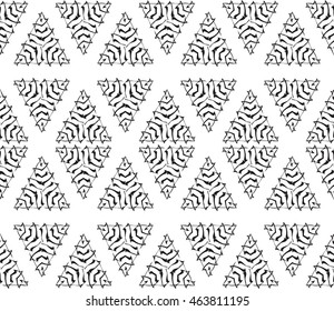 Black-and-white tones. Outline geometric patterns laid out on the hexagonal pattern of creating seamless vector illustrations. For the textile industry, interior design, graphic arts