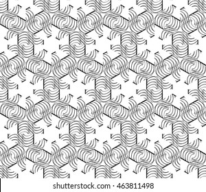 Black-and-white tones. Outline geometric patterns laid out on the hexagonal pattern of creating seamless vector illustrations. For the textile industry, interior design, graphic arts