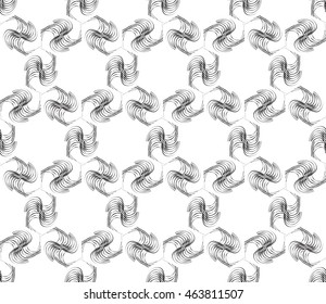 Black-and-white tones. Outline geometric patterns laid out on the hexagonal pattern of creating seamless vector illustrations. For the textile industry, interior design, graphic arts