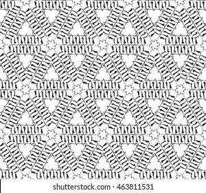 Black-and-white tones. Outline geometric patterns laid out on the hexagonal pattern of creating seamless vector illustrations. For the textile industry, interior design, graphic arts