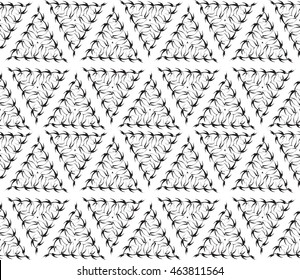 Black-and-white tones. Outline geometric patterns laid out on the hexagonal pattern of creating seamless vector illustrations. For the textile industry, interior design, graphic arts