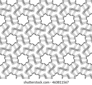 Black-and-white tones. Outline geometric patterns laid out on the hexagonal pattern of creating seamless vector illustrations. For the textile industry, interior design, graphic arts