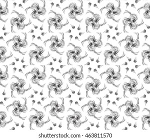 Black-and-white tones. Outline geometric patterns laid out on the hexagonal pattern of creating seamless vector illustrations. For the textile industry, interior design, graphic arts
