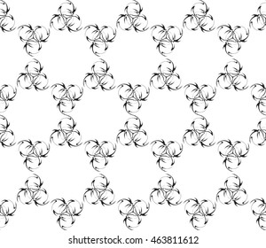 Black-and-white tones. Outline geometric patterns laid out on the hexagonal pattern of creating seamless vector illustrations. For the textile industry, interior design, graphic arts