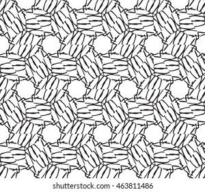 Black-and-white tones. Outline patterns of abstract flowers and petals laid out on the hexagonal pattern of creating seamless mirror illustrations. 