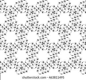 Black-and-white tones. Outline patterns of abstract flowers and petals laid out on the hexagonal pattern of creating seamless vector illustrations. 