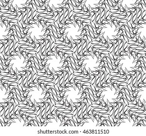 Black-and-white tones. Outline patterns of abstract flowers and petals laid out on the hexagonal pattern of creating seamless vector illustrations. 