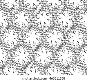 Black-and-white tones. Outline patterns of abstract flowers and petals laid out on the hexagonal pattern of creating seamless vector illustrations. 