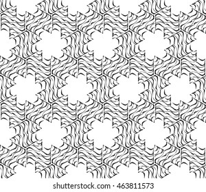 Black-and-white tones. Outline patterns of abstract flowers and petals laid out on the hexagonal pattern of creating seamless vector illustrations. 