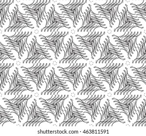 Black-and-white tones. Outline patterns of abstract flowers and petals laid out on the hexagonal pattern of creating seamless vector illustrations. 