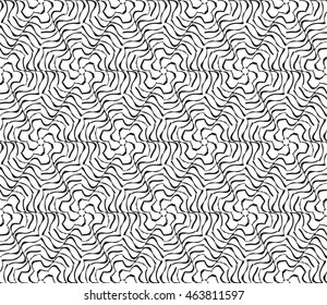Black-and-white tones. Outline patterns of abstract flowers and petals laid out on the hexagonal pattern of creating seamless vector illustrations. 