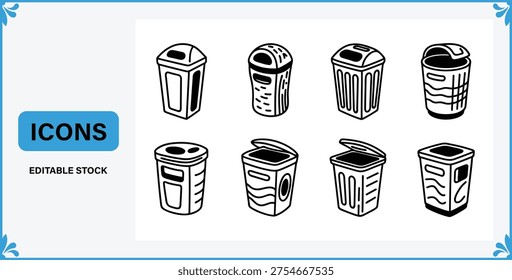 Blackandwhite trash cans and bins in various styles icons