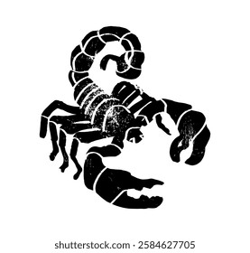 Black-and-white tribal-style illustration features a fierce and dynamic scorpion brought to life with intricate, sharp textured and symmetrical patterns.