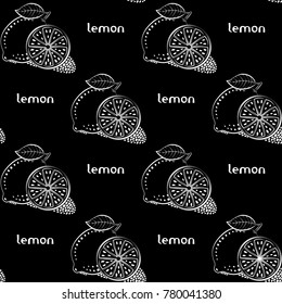 A black-and-white variant of one vector seamless abstract symmetric pattern with the often repeating image of a lemon and the word “lemon” on a black background, creating an effect of a pencil drawing