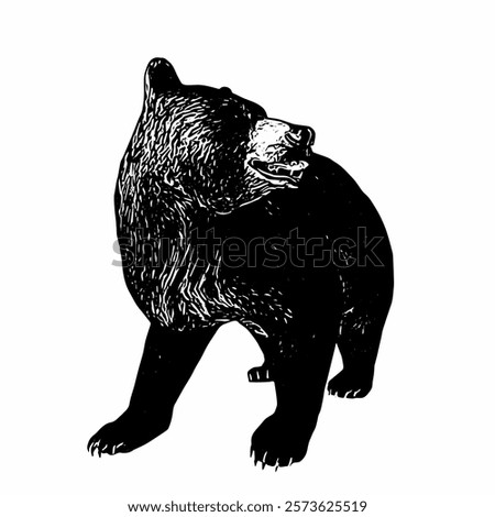 A black-and-white vector of a bear standing upright, slightly turning its gaze to the right, exuding authority.