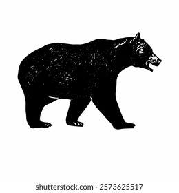 A black-and-white vector of a bear walking with its body slightly hunched, showcasing natural fur textures and movement.