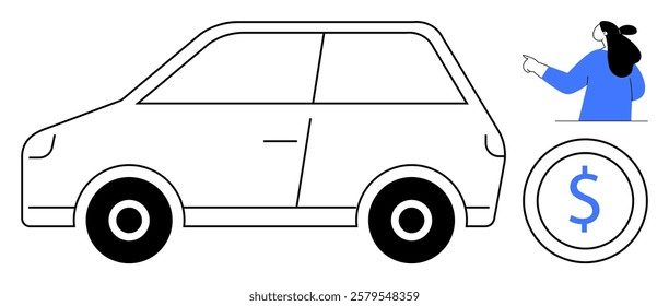 A black-and-white vector of a car with a person pointing towards it next to a dollar sign. Ideal for car sales, auto finance, car loans, vehicle leasing, and automotive marketing themes. Minimalist