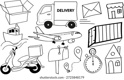 Schwarz-weiße Vektordoodle-Illustration über Lieferung und Logistik: Box, Lieferwagen, Umschlag, Geschäft, Schiff, Flugzeug, Versandcontainer, Roller mit Paket, Briefkasten, Anstecknadeln, Stoppuhr und Haus. Kontrastreiche, einzeln auf Weiß, ideal für Liefer-Apps, E-Commerce, Logistikdienste und Stocknutzung