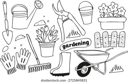 Conjunto de herramientas y Elementos de jardinería de Vector en blanco y negro: regadera, paleta, rastrillo, tijeras de podar, carretilla, guantes, botas, macetas con flores, semillas, valla, cubo y letras de "jardinería". De alto contraste, aislado en blanco, ideal para blogs de jardinería, pegatinas, educación y uso de stock
