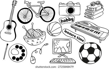 Schwarz-weißes Vektordoodle-Set von Hobbys und Freizeitartikeln: Gitarre, Fahrrad, Kamera, Stapel von Büchern mit Brille, Klavier, Garn und Stricknadeln, Basketball, Fußball, Farbpalette und Pinsel, Computer-Monitor und Maus, und "Hobby" "Freizeit"-Schriftzug. Kontrastreiche, einzeln auf Weiß, ideal für Hobby-Blogs, Lehrmaterialien, Aufkleber und Stockinhalte