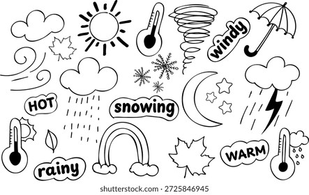 Iconos de Vector en blanco y negro: sol, luna y estrellas, nubes, lluvia, nubes de trueno, remolinos de Clima, tornado, paraguas, arco iris, copos de nieve, termómetros, hojas y etiquetas como "caliente", "nevando", "lluvioso", "ventoso", "cálido". De alto contraste, aislado en blanco, ideal para App de Clima, materiales educativos, pegatinas y uso de stock