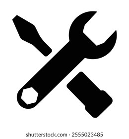 Black-and-white vector icon featuring a sleek wrench and screwdriver, symbolizing repair and maintenance. Its minimalist design ensures versatility for digital and print use. tool vector icon