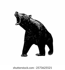 A black-and-white vector illustration of a bear standing sideways, facing left. The fur texture is depicted with sharp details.