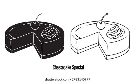 Black-and-white vector illustration of a cherry cheesecake with a missing slice, shown in filled and outline versions with text “cheesecake special” below.