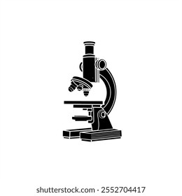 Eine schwarz-weiße Vektorgrafik eines klassischen Mikroskops mit einem Okular, Objektiven, einer Probenbühne und einer stabilen Basis im einfachen Silhouettenstil