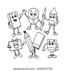 A black-and-white vector illustration featuring eight different school supplies as
animated character
