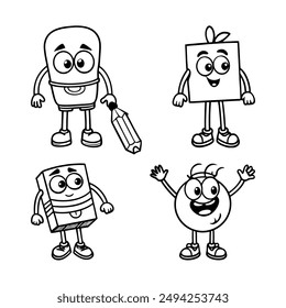 A black-and-white vector illustration featuring eight different school supplies as
animated character