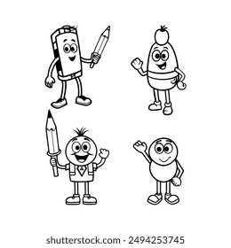 A black-and-white vector illustration featuring eight different school supplies as
animated character