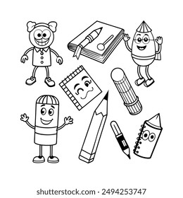 A black-and-white vector illustration featuring eight different school supplies as
animated character