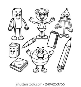 A black-and-white vector illustration featuring eight different school supplies as
animated character