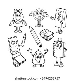 A black-and-white vector illustration featuring eight different school supplies as
animated character