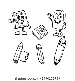 A black-and-white vector illustration featuring eight different school supplies as
animated character