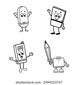 A black-and-white vector illustration featuring eight different school supplies as
animated character
