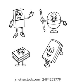 A black-and-white vector illustration featuring eight different school supplies as
animated character